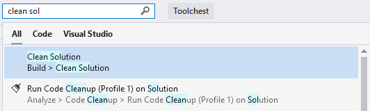 Snímek obrazovky s příkladem hledání položek a příkazů nabídky sady Visual Studio