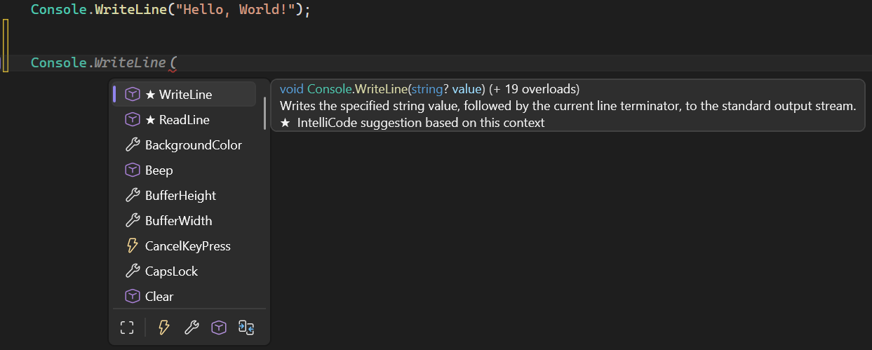 Snímek obrazovky s funkcí členů seznamu IntelliSense