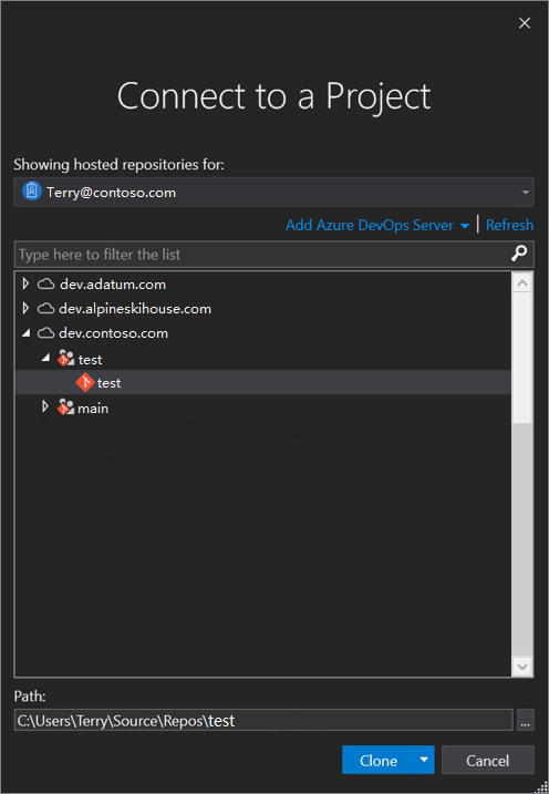 Snímek obrazovky s dialogovým oknem Připojit k projektu vygenerovaném ze sady Visual Studio 2019 verze 16.8 a novější