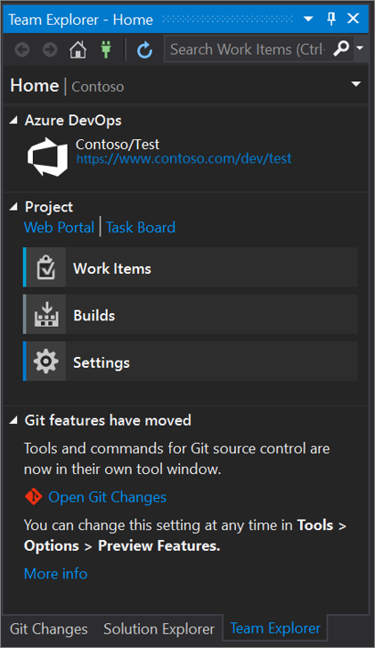 Snímek obrazovky s dialogovým oknem Team Explorer, které se generuje ze sady Visual Studio 2019 verze 16.8 a novější