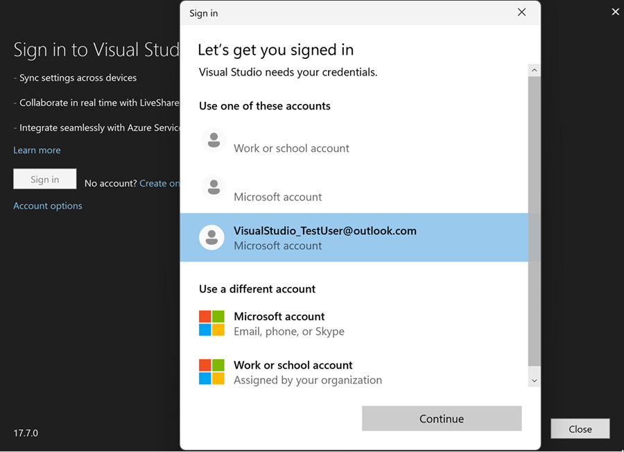 Přidat další účty do sady Visual Studio pomocí pracovního postupu zprostředkovatele ověřování systému Windows.