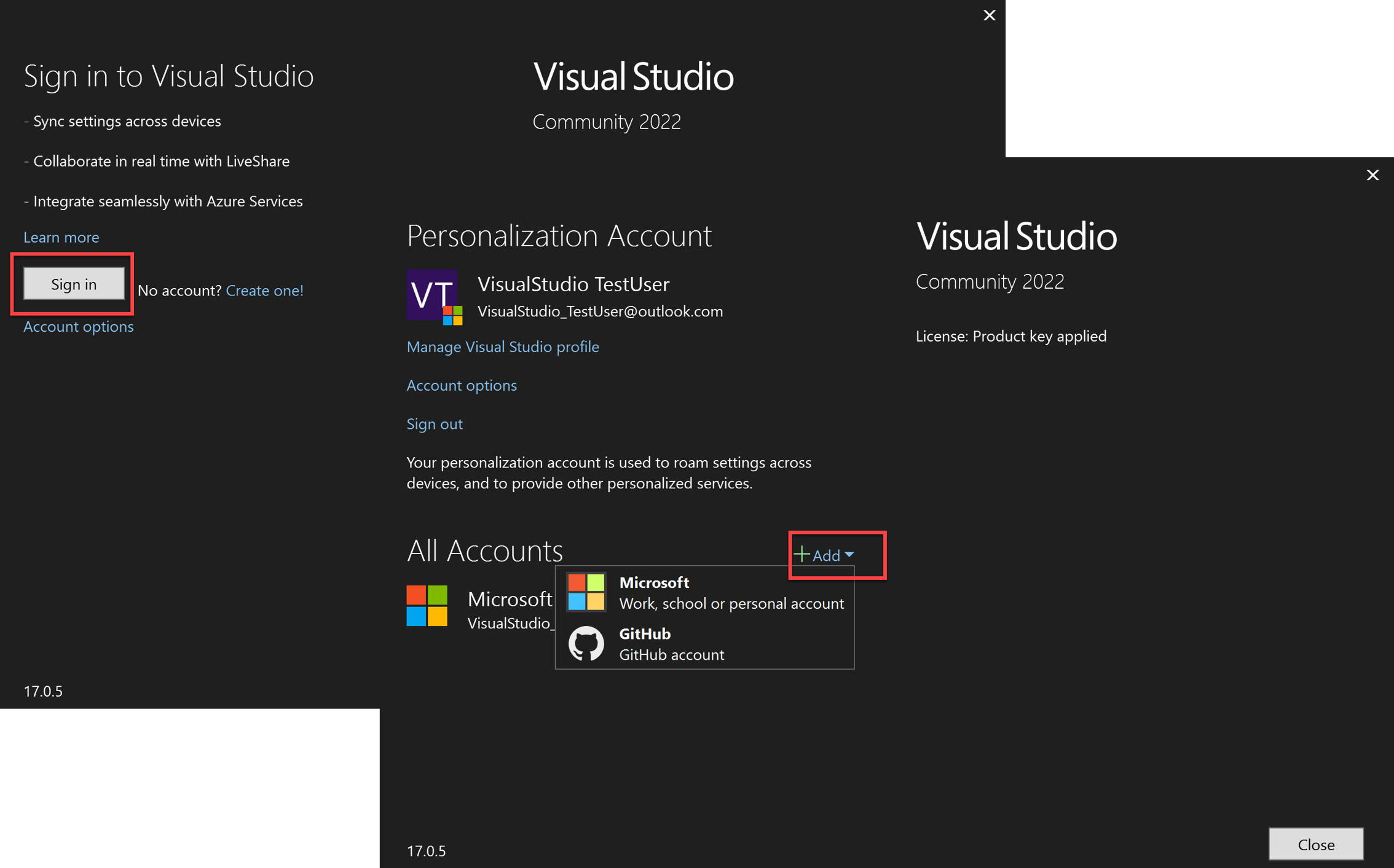 Přidat nový účet pro přizpůsobení do sady Visual Studio
