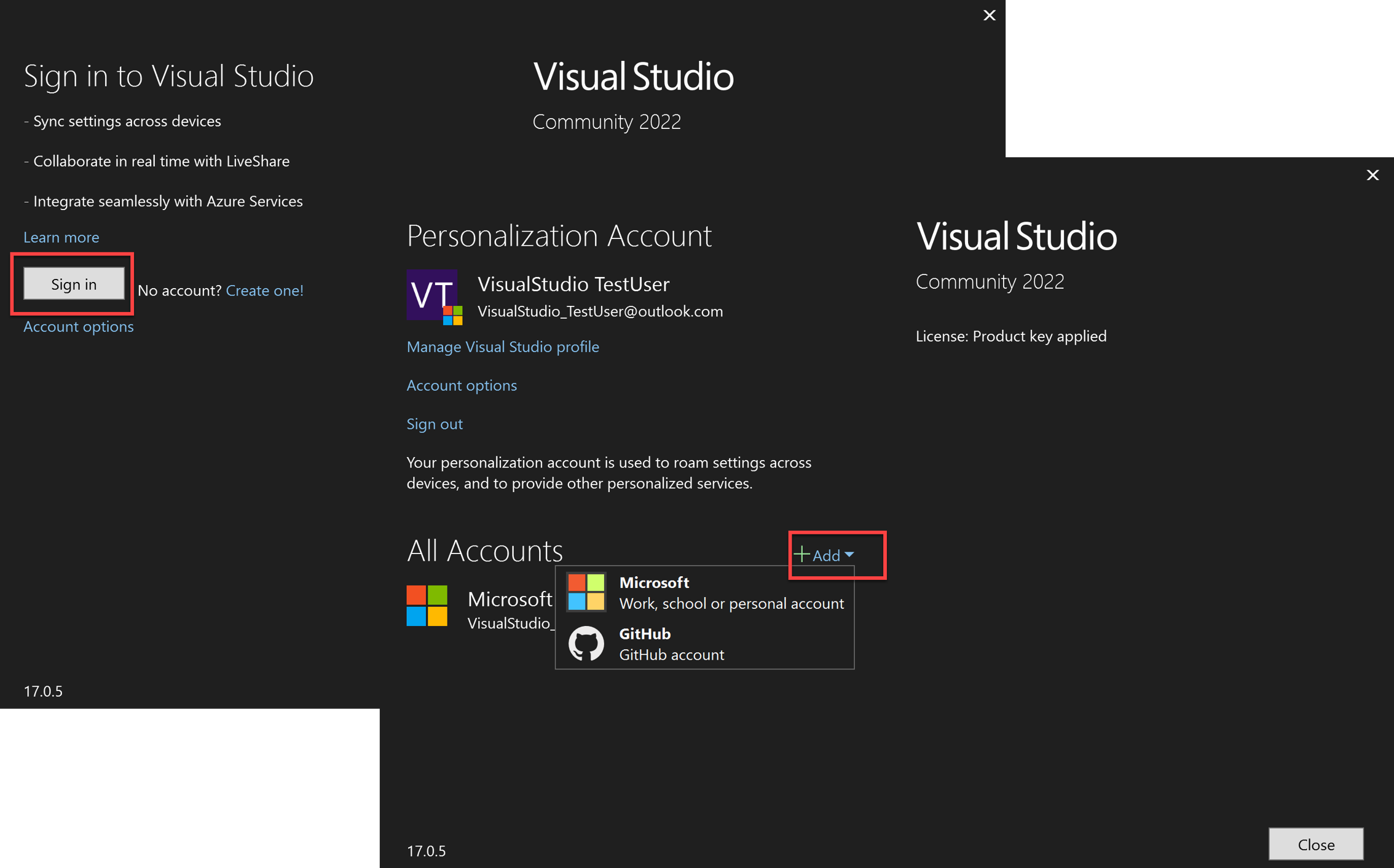 Přidejte do sady Visual Studio nový účet přizpůsobení.