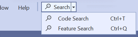 Snímek obrazovky s prostředím hledání typu Vše v jednom z řádku nabídek sady Visual Studio