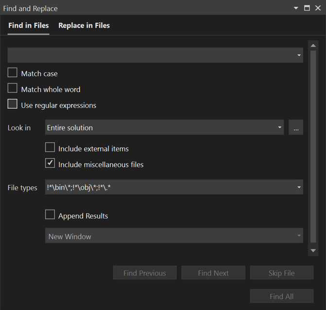 Snímek obrazovky s dialogovým oknem Najít a nahradit v sadě Visual Studio 20222 s otevřenou kartou Najít v souborech