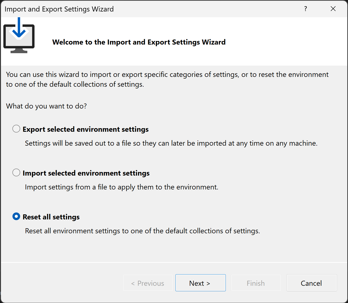 snímek obrazovky Průvodce importem a exportem nastavení v sadě Visual Studio 2022