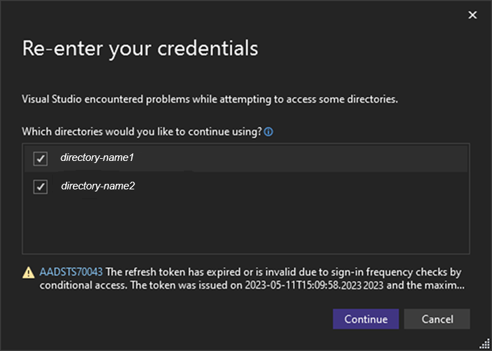 Opětovně ověřte svůj účet Visual Studio.