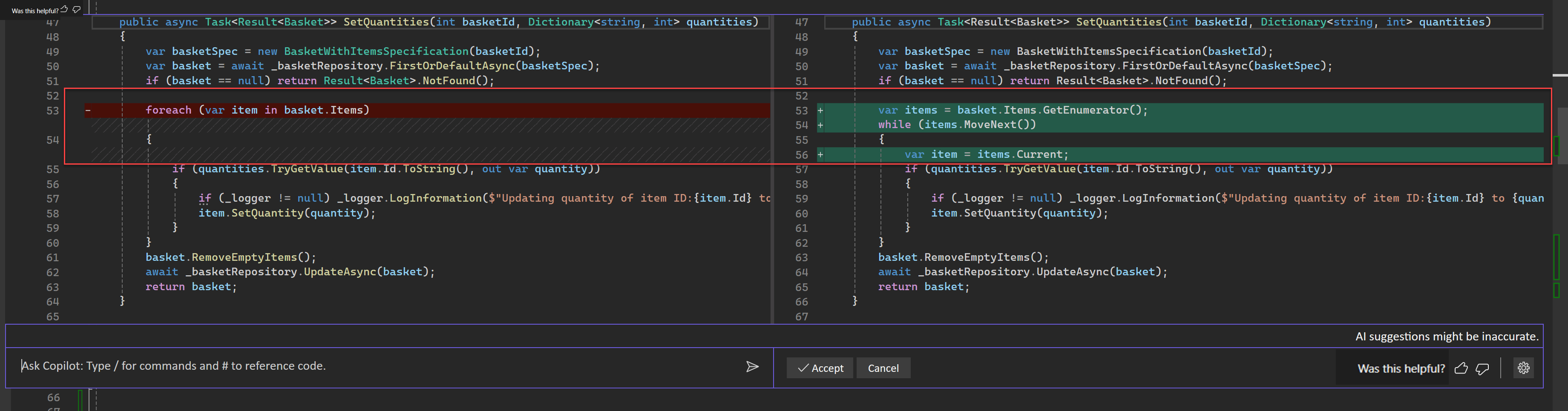 Snímek obrazovky s návrhy kódu v zobrazení rozdílu sady Visual Studio