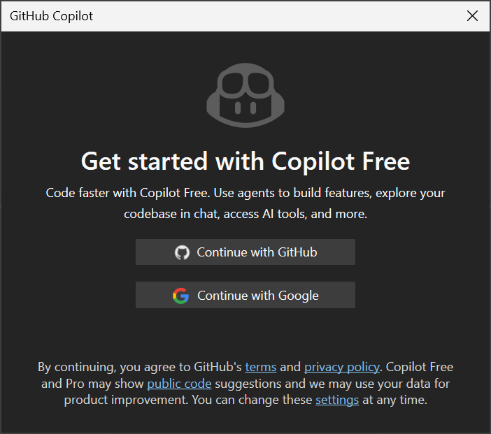 Snímek obrazovky ukazuje dialogové okno Začínáme s Copilot Free v aplikaci Visual Studio.
