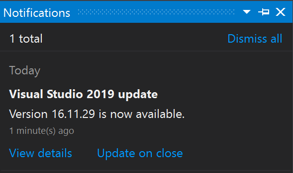 Centrum oznámení v sadě Visual Studio 2019 Snímek obrazovky s centrem oznámení v sadě Visual Studio 2019
