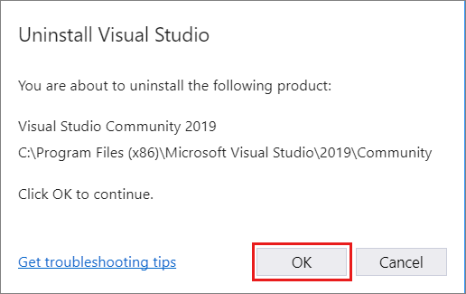 Snímek obrazovky s dialogovým oknem pro potvrzení, že chcete odinstalovat Visual Studio 2019