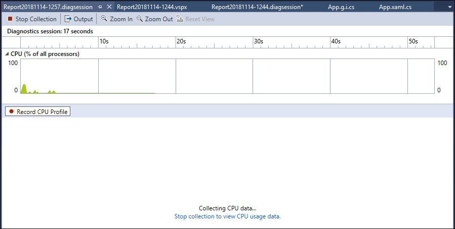 Snímek obrazovky znázorňující shromažďování dat o zastavení využití procesoru