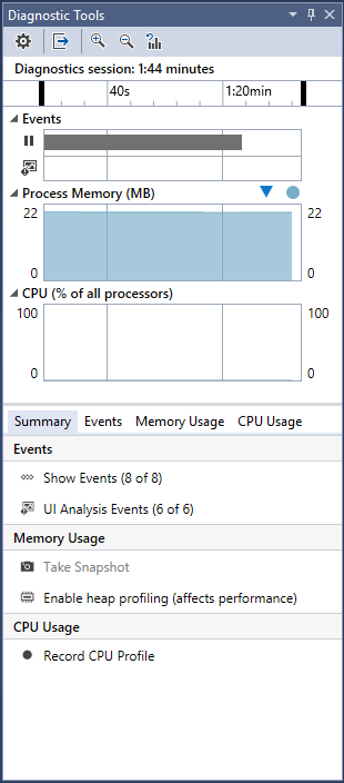 Snímek obrazovky s oknem Diagnostické nástroje v ladicím programu sady Visual Studio zobrazující časovou osu událostí a grafy pro využití paměti a procesoru