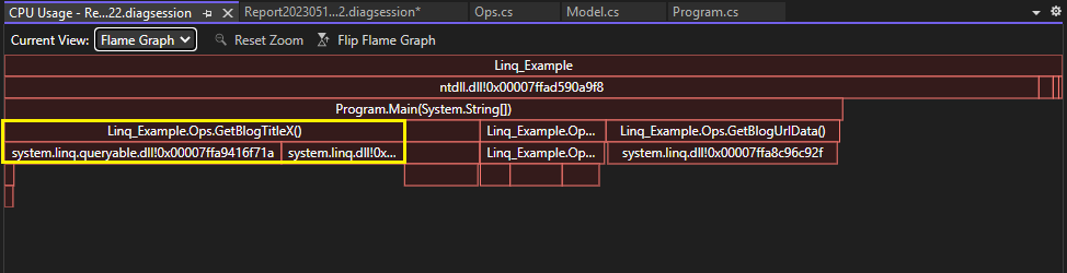 Snímek obrazovky s vylepšeným využitím procesoru v zobrazení Flame Graph nástroje Využití procesoru