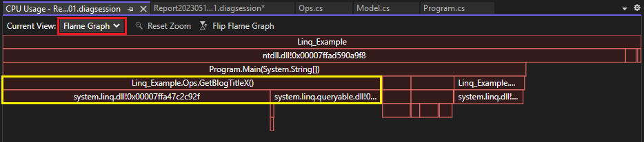 Snímek obrazovky se zobrazením Flame Graph v nástroji Využití procesoru