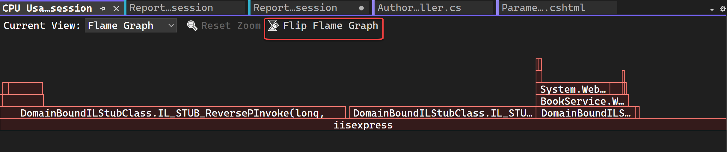 Snímek obrazovky znázorňující vybranou možnost Flip Flame Graph