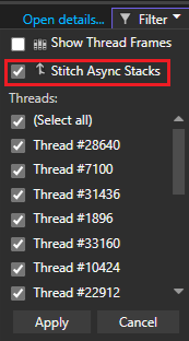 Snímek obrazovky, který ukazuje možnost Stick Async Stacks.