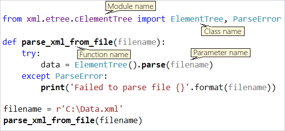 Snímek obrazovky znázorňující barvy kódu a syntaxe v editoru sady Visual Studio