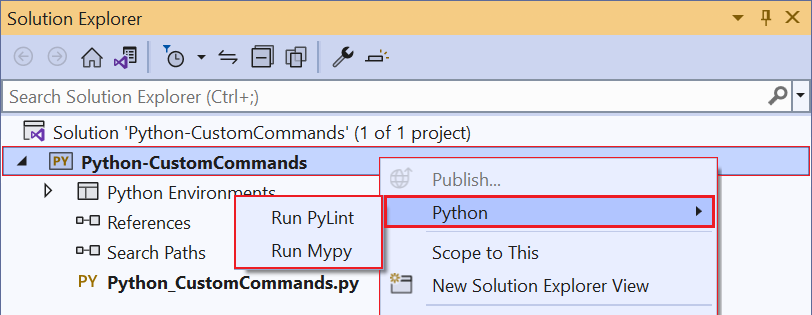 Snímek obrazovky znázorňující výchozí příkazy v nabídce projektu Pythonu v sadě Visual Studio