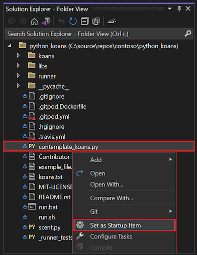 Snímek obrazovky, který ukazuje, jak nastavit rozmyslený soubor Koans Python jako spouštěcí položku v Průzkumník řešení v sadě Visual Studio 2022