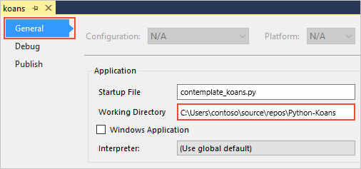 Snímek obrazovky, který ukazuje, jak nastavit pracovní adresář pro projekt Pythonu