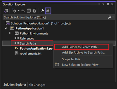 Snímek obrazovky, který ukazuje, jak získat přístup k příkazu Přidat složku do cesty hledání v cestách hledání pro projekt Pythonu v Průzkumník řešení