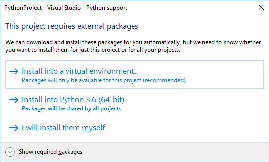 Snímek obrazovky znázorňující dialogové okno pro instalaci balíčků pro šablonu projektu v sadě Visual Studio