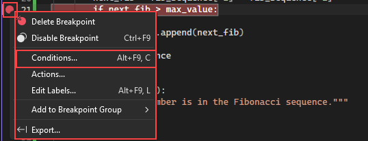 Snímek obrazovky, který ukazuje, jak vybrat možnost ke konfiguraci podmínek pro zarážku v aplikaci Visual Studio.