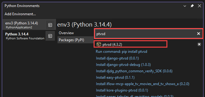 snímek obrazovky, který ukazuje, jak zkontrolovat verzi ptvsd v okně Prostředí Pythonu