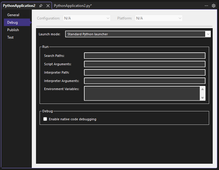 Snímek obrazovky znázorňující vlastnosti ladění projektu Pythonu v ladicím programu sady Visual Studio