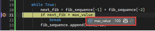 Snímek obrazovky, který ukazuje hodnotu DataTipu pro proměnnou v ladicím programu Visual Studio.