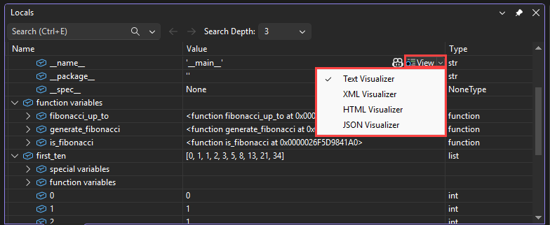 snímek obrazovky, který ukazuje, jak přistupovat k vizualizérům pomocí lupy zobrazení v ladicím programu sady Visual Studio