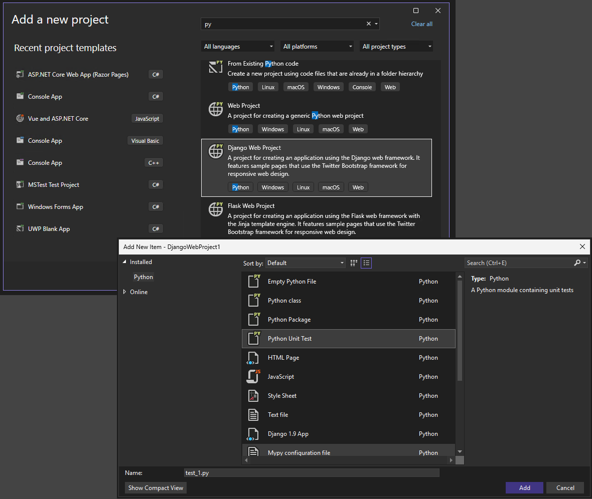 Snímek obrazovky se šablonami projektů a položek Pythonu v sadě Visual Studio