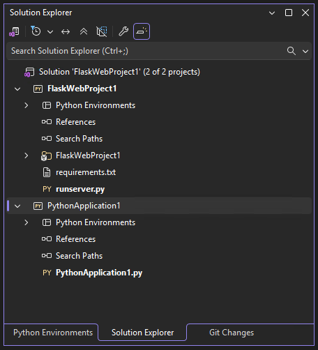 Snímek obrazovky znázorňující řešení sady Visual Studio obsahující projekty Python a Flask v Průzkumníku řešení