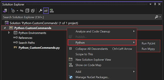 Snímek obrazovky znázorňující výchozí příkazy v nabídce projektu Pythonu v sadě Visual Studio 2022