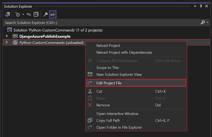 Snímek obrazovky, který ukazuje, jak upravit nenačtený soubor projektu pro přidání vlastních příkazů v sadě Visual Studio