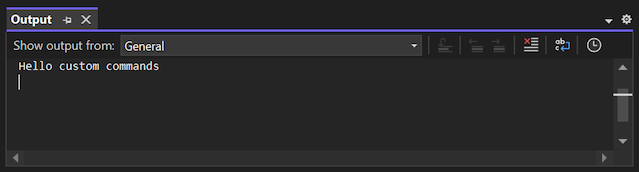 Snímek obrazovky znázorňující výstup vlastního příkazu zobrazený v okně Výstup sady Visual Studio 2022
