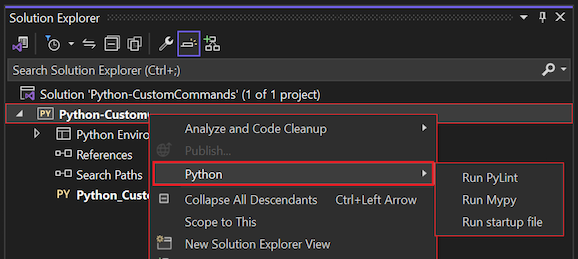 Snímek obrazovky znázorňující vlastní příkaz Spustit spouštěcí soubor v místní nabídce Pythonu v sadě Visual Studio 2022
