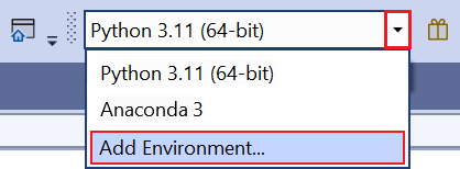 Snímek obrazovky znázorňující příkaz Přidat prostředí na panelu nástrojů Python v sadě Visual Studio