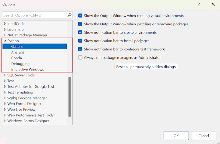 Snímek obrazovky znázorňující kategorie možností pro Python a konkrétní obecné možnosti v sadě Visual Studio 2022