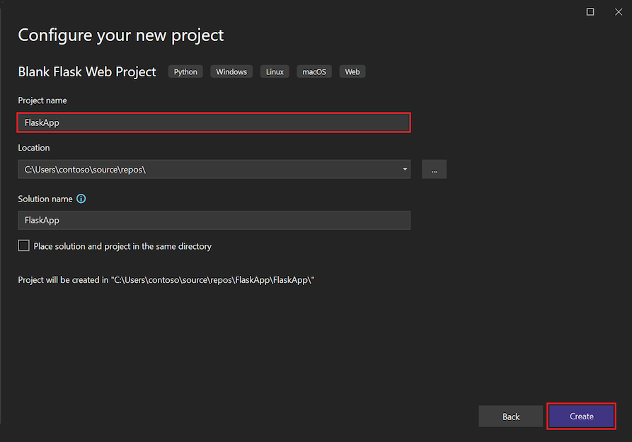 Snímek obrazovky, který ukazuje, jak nakonfigurovat nový webový projekt Blank Flask v sadě Visual Studio 2022
