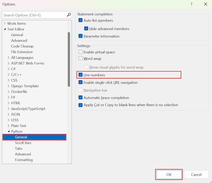 Snímek obrazovky znázorňující povolení číslování řádků v editoru pomocí možnosti Obecné čísla řádků v Editoru textu