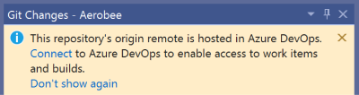 Informační panel v okně Změny Gitu s výzvou k připojení k Azure DevOps pro aktuální úložiště