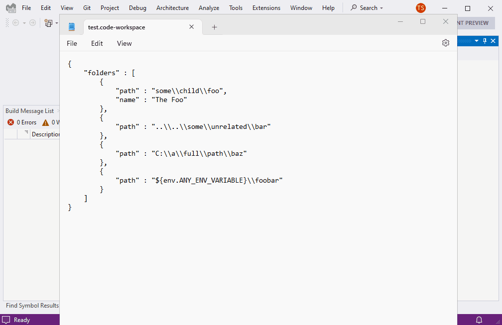 Obrázek znázorňující funkci otevírání více složek v sadě Visual Studio