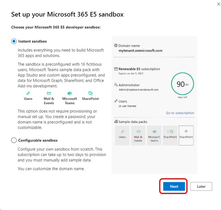 Volba sandboxu Pro vývojáře Microsoftu 365