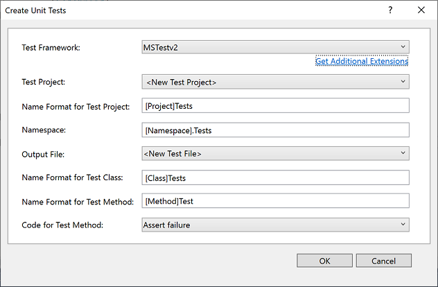 Dialogové okno Vytvořit testy jednotek v sadě Visual Studio