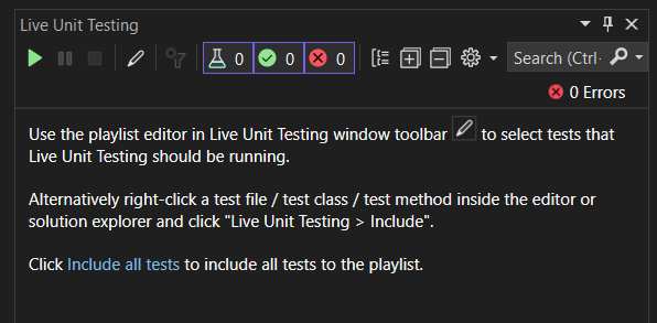 Snímek obrazovky znázorňující okno nástroje zobrazené při prvním spuštění Live Unit Testing