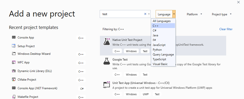 Projekty testů C++ v sadě Visual Studio 2019
