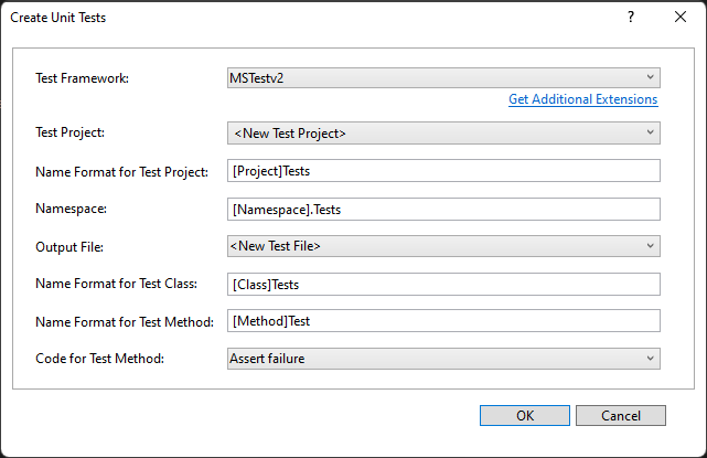 Dialogové okno Vytvořit testy jednotek v sadě Visual Studio