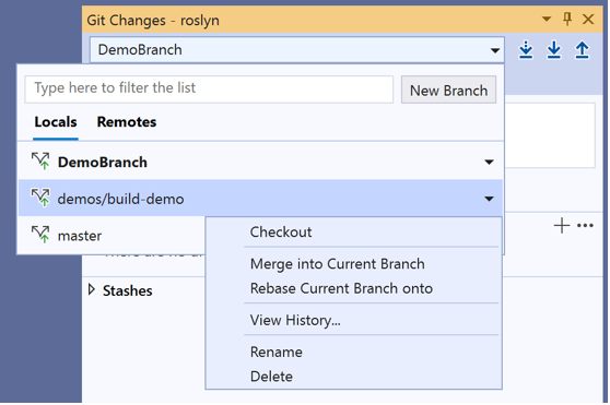 Aktuální větve, které můžete zobrazit pomocí selektoru v horní části selektoru Git Changes v sadě Visual Studio 